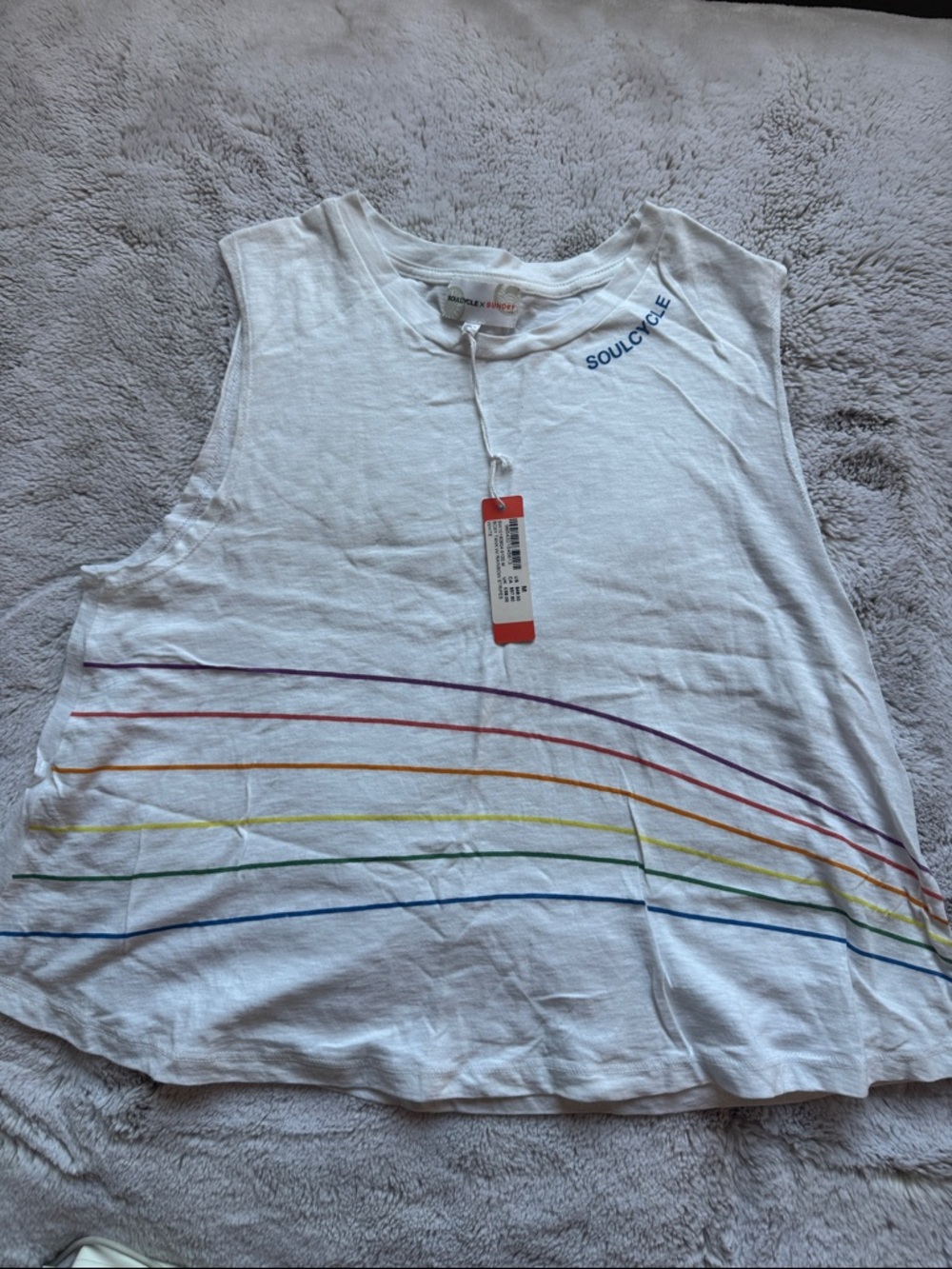 soulcycle White Tank Top with Rainbow Stripe Detail